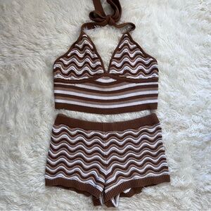 No Boundaries Brown and White Stripe Knit Bikini Short Set